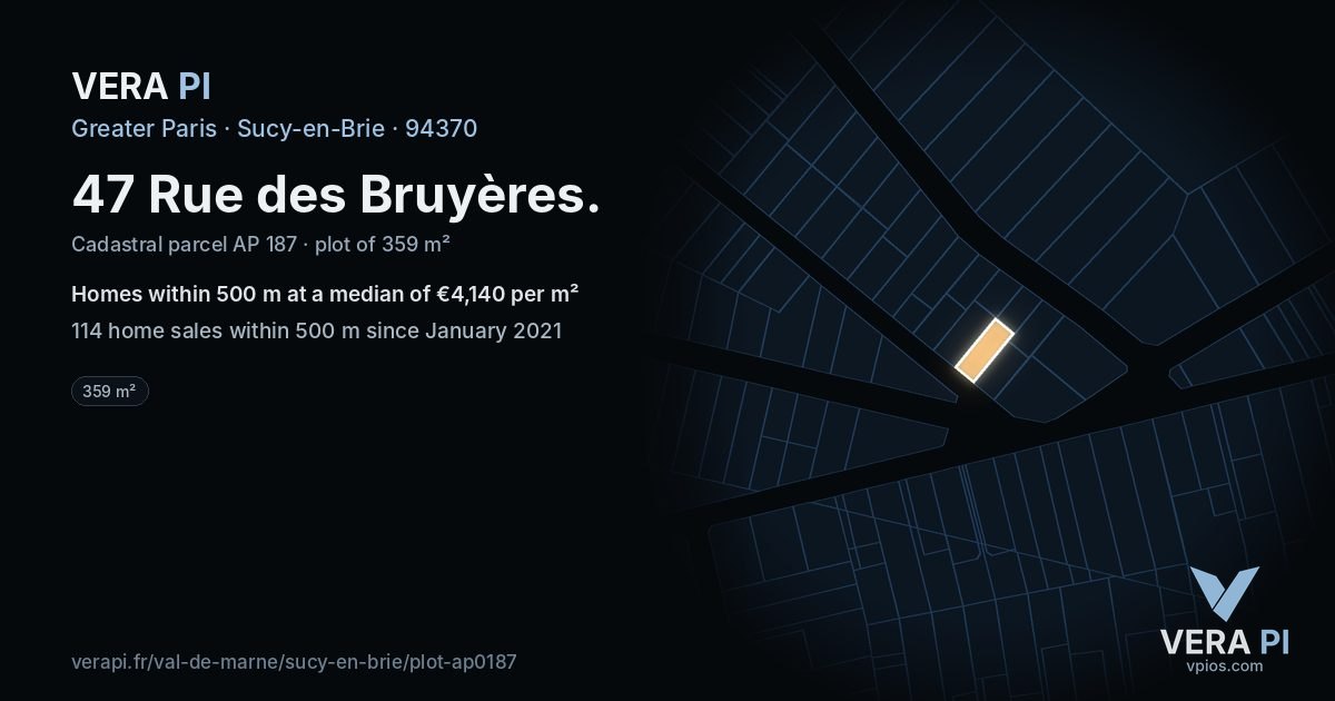 47 Rue des Bruyères, Sucy-en-Brie at night – the plot lit, the parcels around coloured by the prices near them