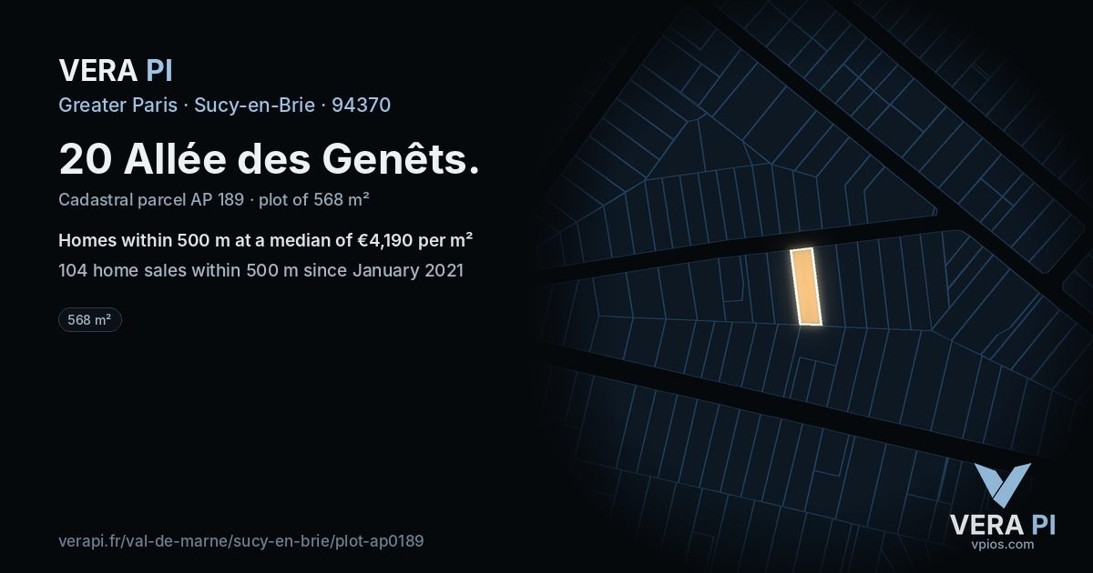 20 Allée des Genêts, Sucy-en-Brie at night – the plot lit, the parcels around coloured by the prices near them