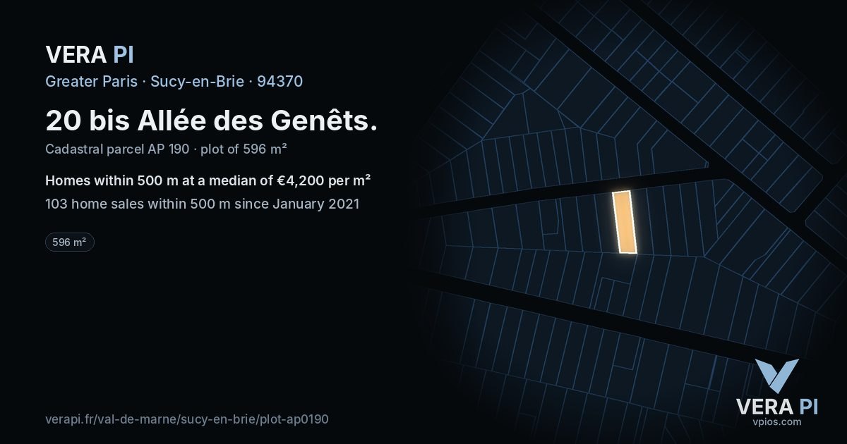 20 bis Allée des Genêts, Sucy-en-Brie at night – the plot lit, the parcels around coloured by the prices near them
