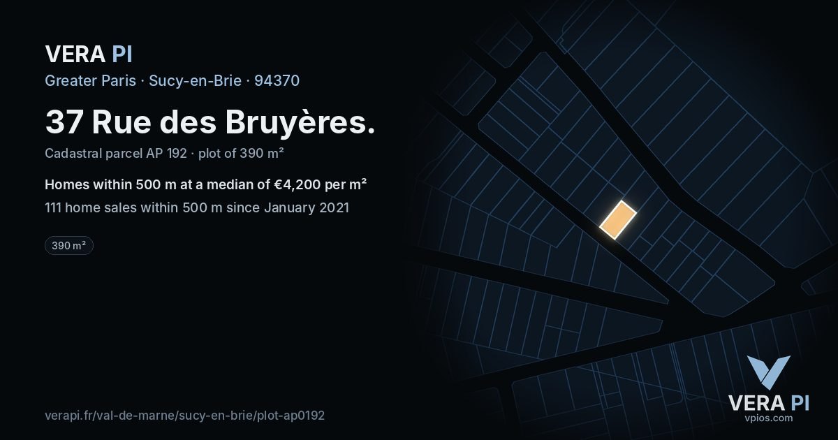 37 Rue des Bruyères, Sucy-en-Brie at night – the plot lit, the parcels around coloured by the prices near them