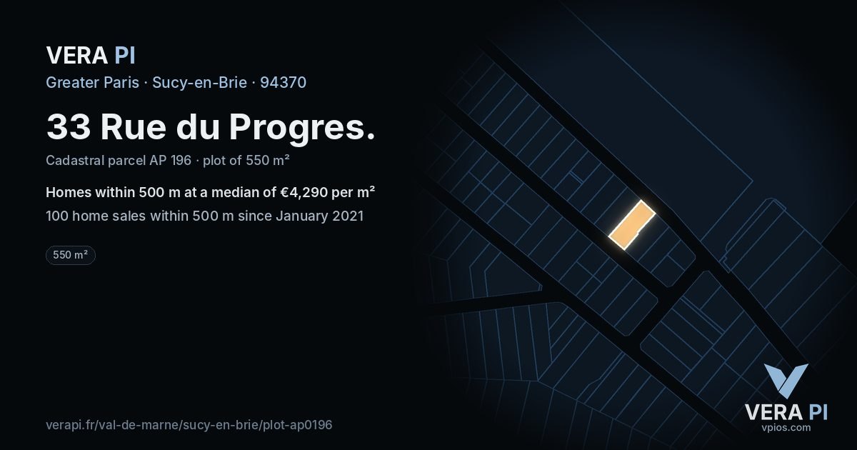 33 Rue du Progres, Sucy-en-Brie at night – the plot lit, the parcels around coloured by the prices near them