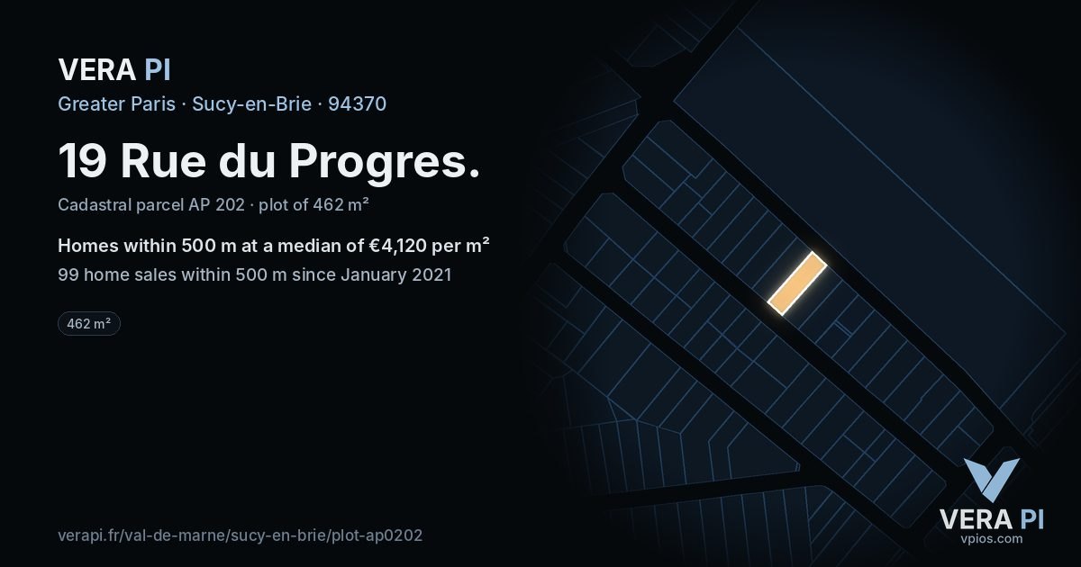 19 Rue du Progres, Sucy-en-Brie at night – the plot lit, the parcels around coloured by the prices near them