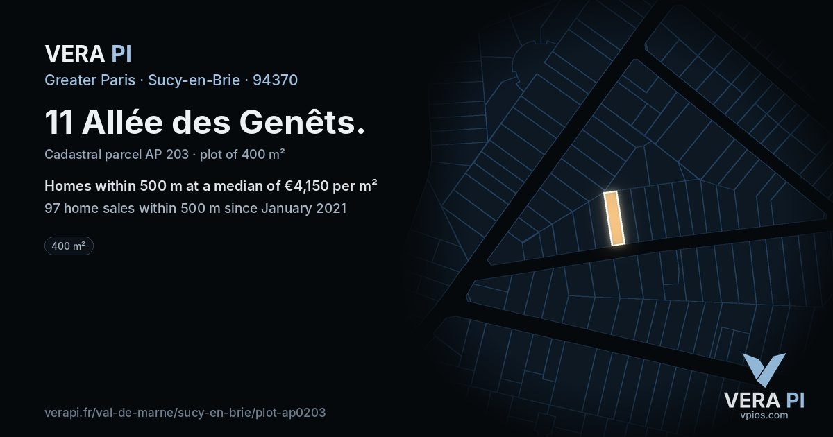 11 Allée des Genêts, Sucy-en-Brie at night – the plot lit, the parcels around coloured by the prices near them