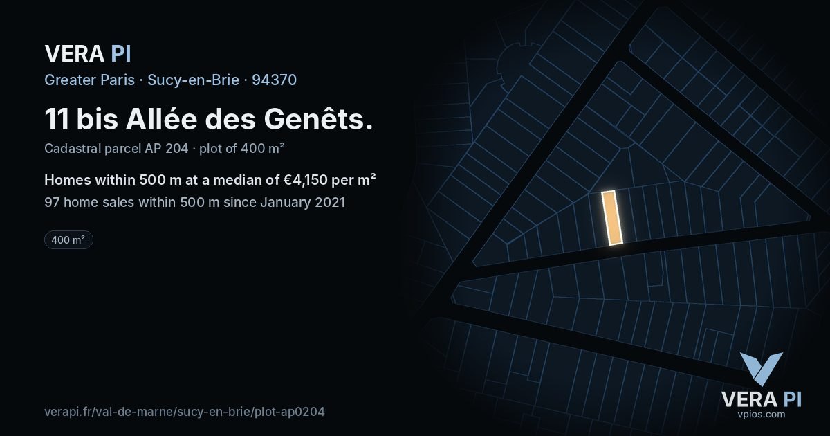 11 bis Allée des Genêts, Sucy-en-Brie at night – the plot lit, the parcels around coloured by the prices near them
