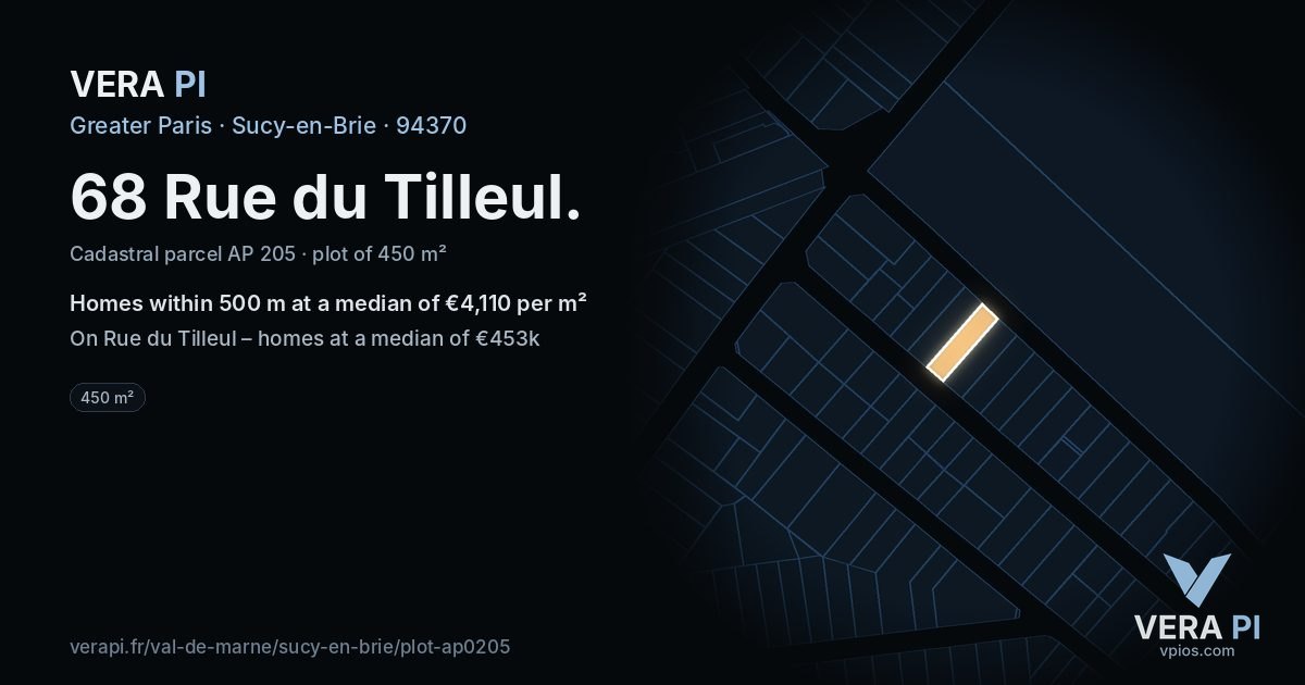 68 Rue du Tilleul, Sucy-en-Brie at night – the plot lit, the parcels around coloured by the prices near them