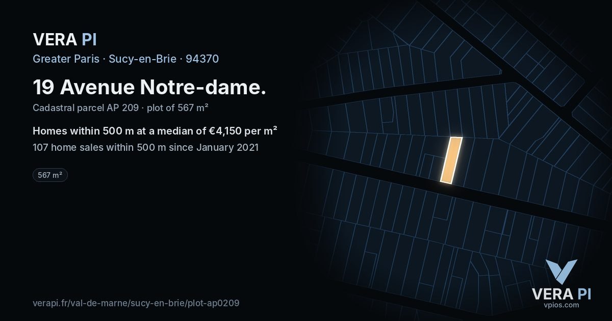 19 Avenue Notre-dame, Sucy-en-Brie at night – the plot lit, the parcels around coloured by the prices near them