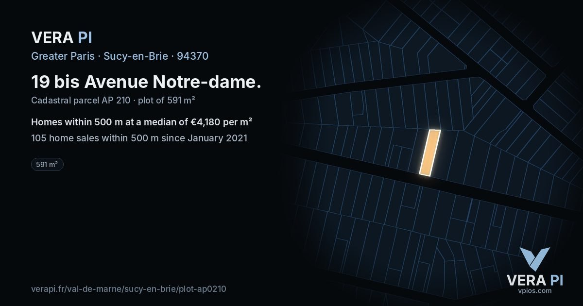 19 bis Avenue Notre-dame, Sucy-en-Brie at night – the plot lit, the parcels around coloured by the prices near them