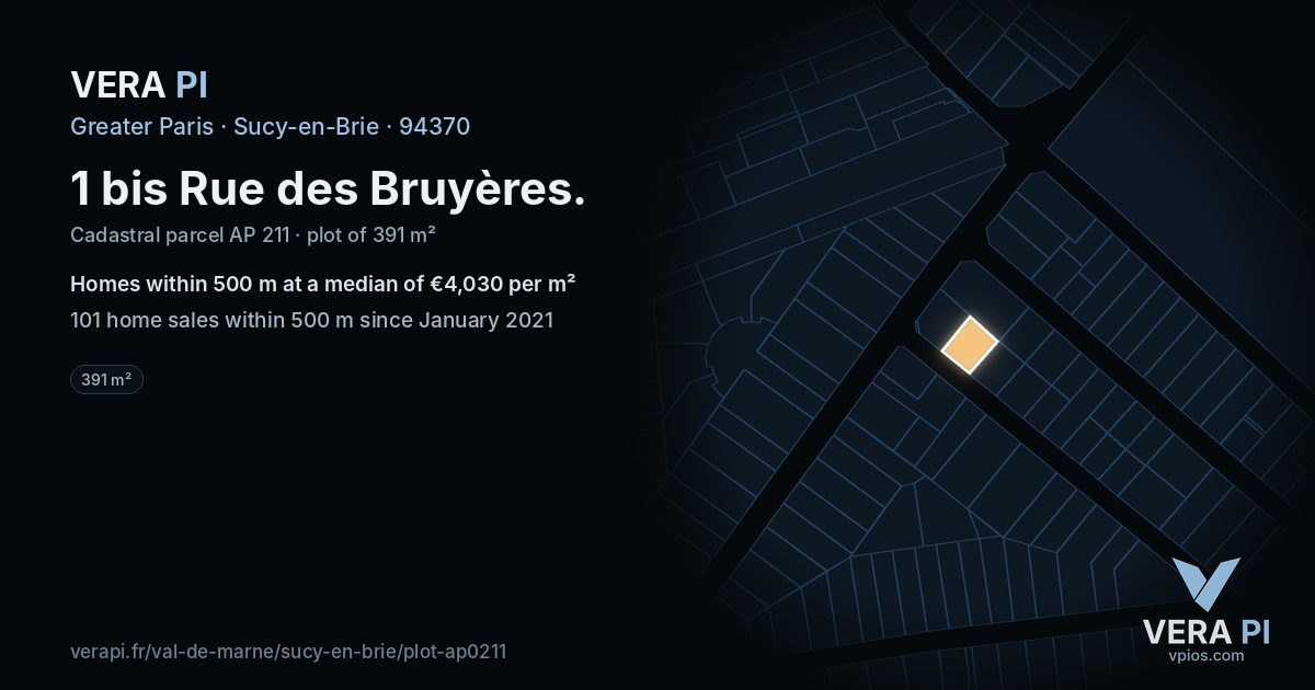1 bis Rue des Bruyères, Sucy-en-Brie at night – the plot lit, the parcels around coloured by the prices near them