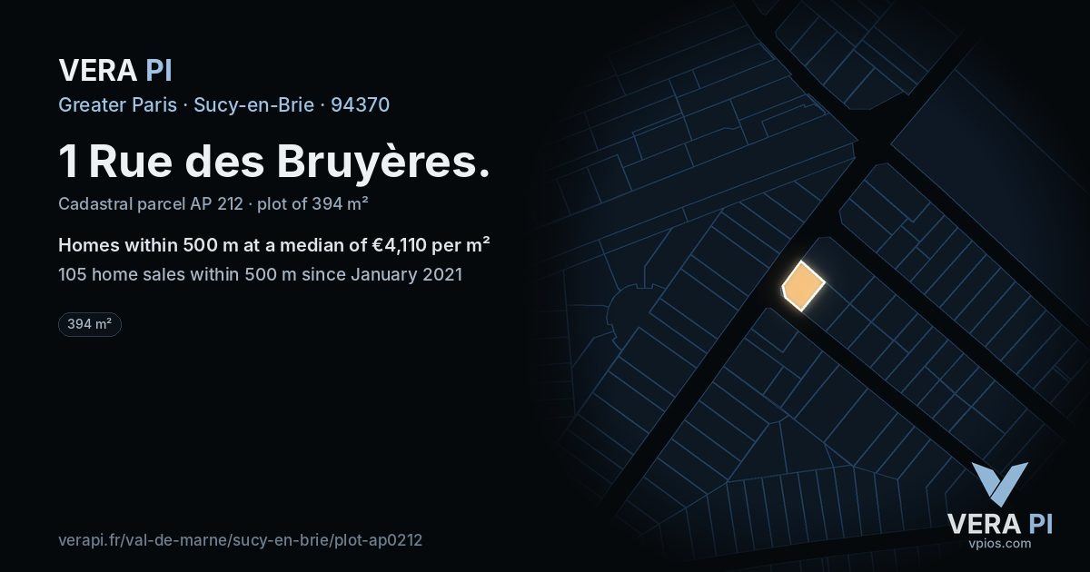 1 Rue des Bruyères, Sucy-en-Brie at night – the plot lit, the parcels around coloured by the prices near them
