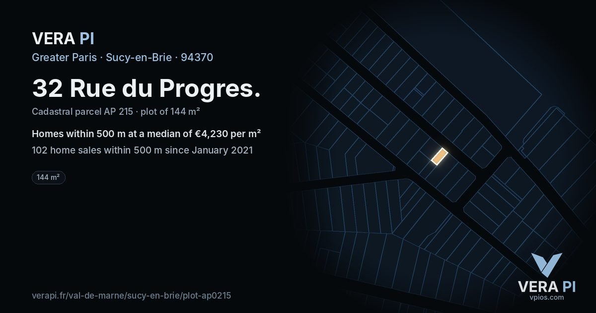 32 Rue du Progres, Sucy-en-Brie at night – the plot lit, the parcels around coloured by the prices near them
