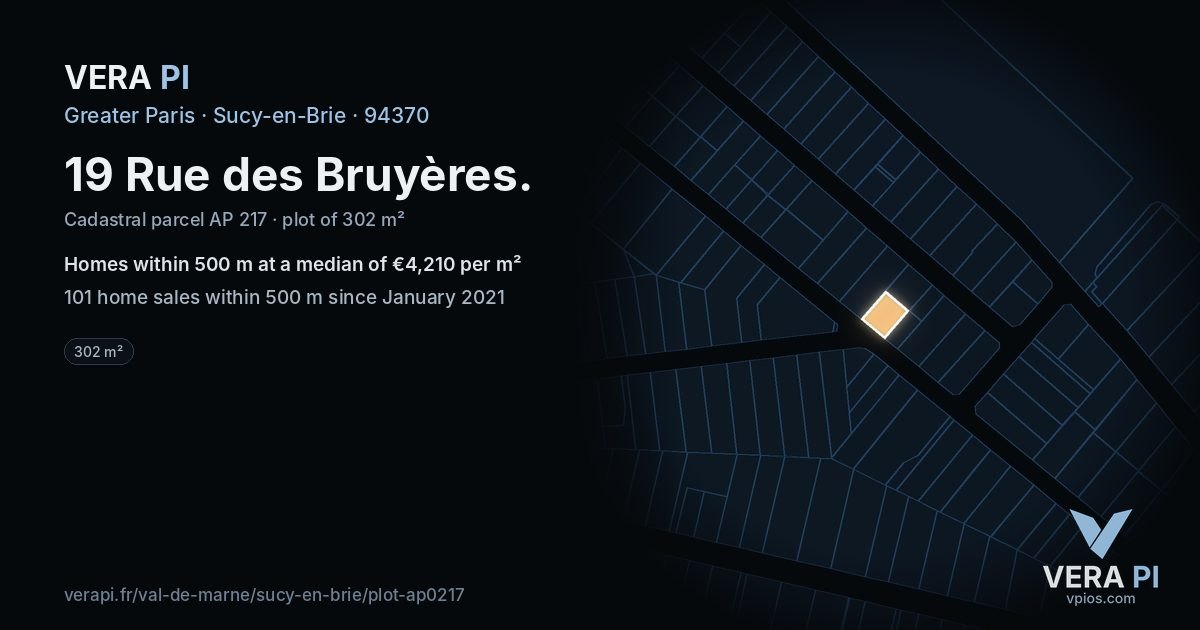 19 Rue des Bruyères, Sucy-en-Brie at night – the plot lit, the parcels around coloured by the prices near them