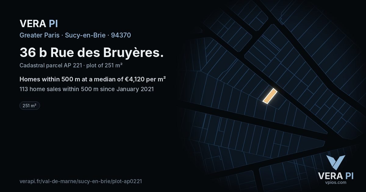36 b Rue des Bruyères, Sucy-en-Brie at night – the plot lit, the parcels around coloured by the prices near them