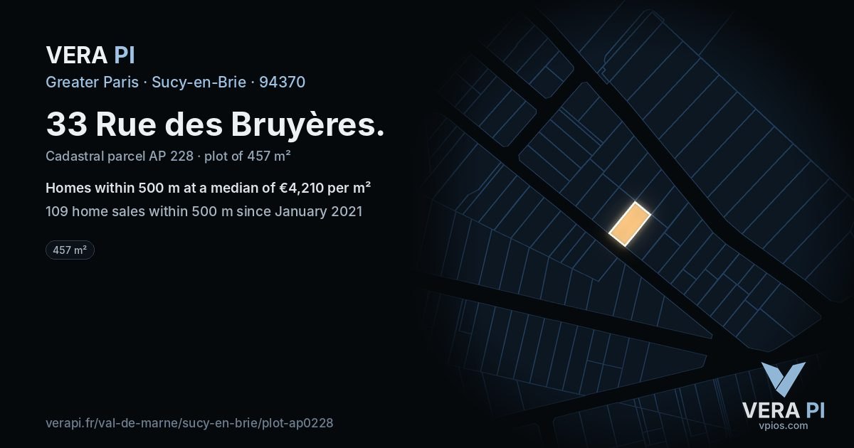 33 Rue des Bruyères, Sucy-en-Brie at night – the plot lit, the parcels around coloured by the prices near them