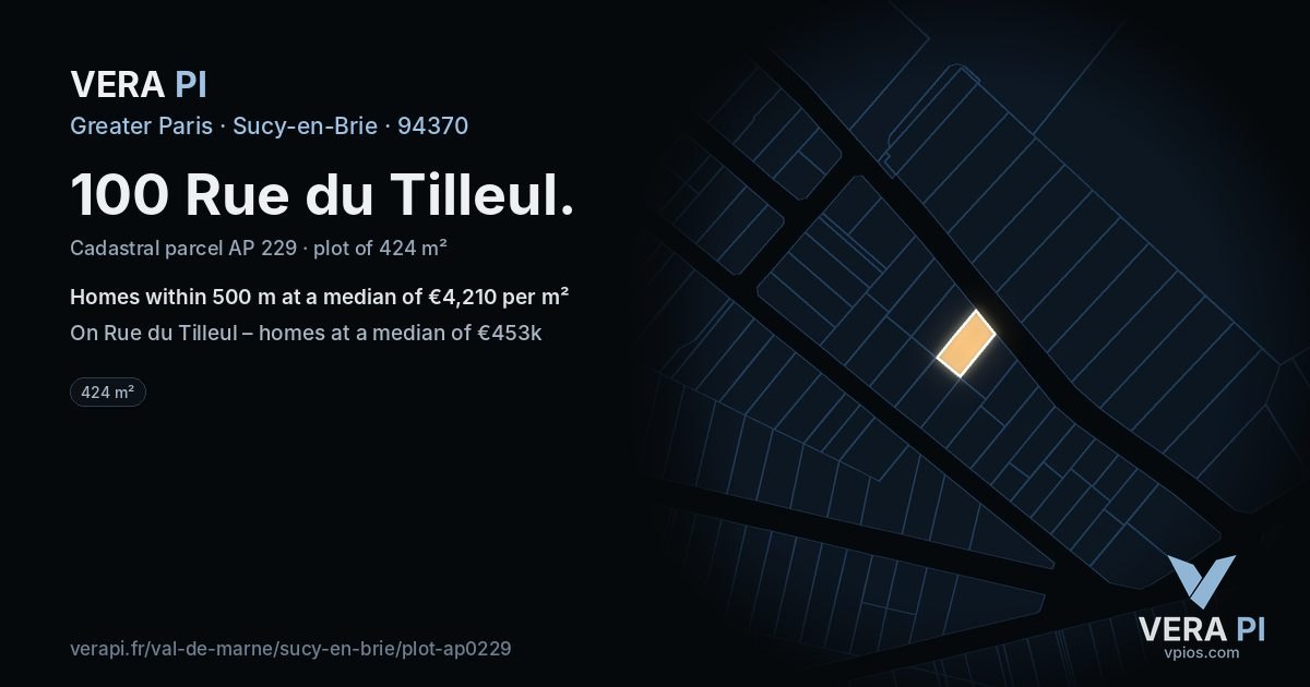 100 Rue du Tilleul, Sucy-en-Brie at night – the plot lit, the parcels around coloured by the prices near them