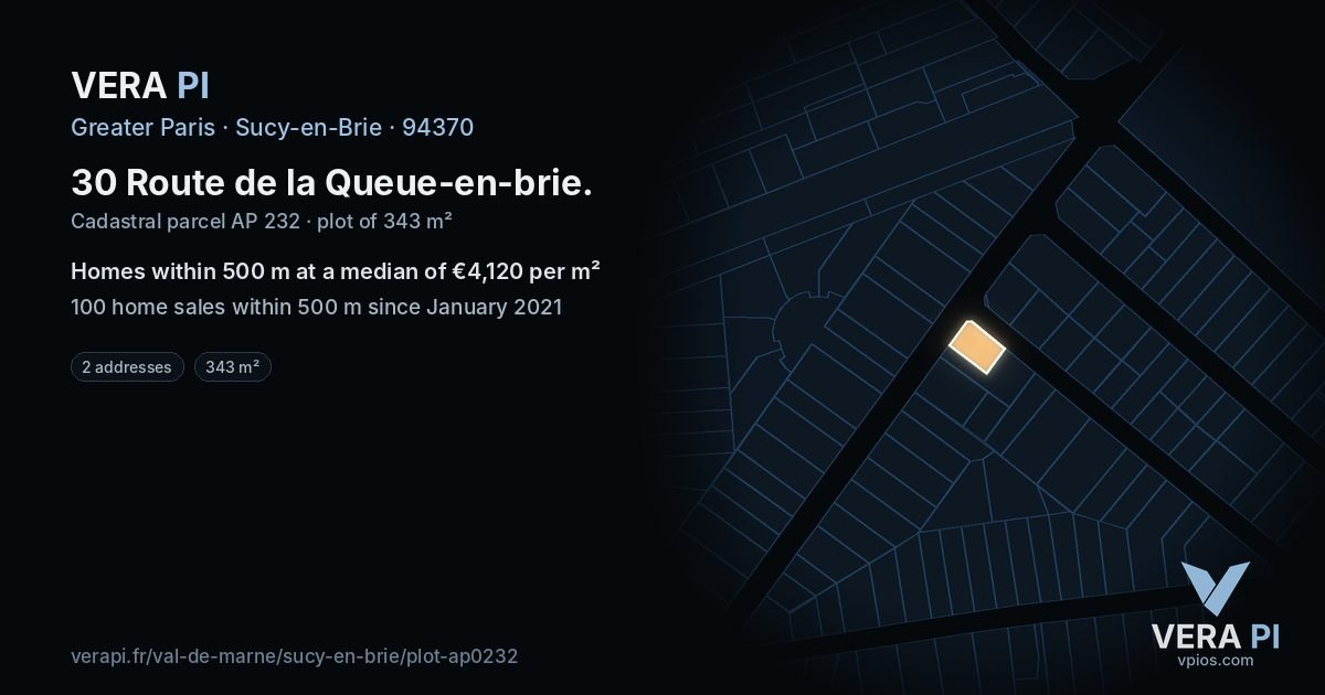 30 Route de la Queue-en-brie, Sucy-en-Brie at night – the plot lit, the parcels around coloured by the prices near them