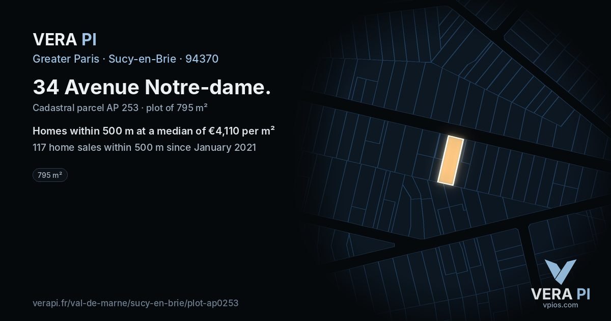 34 Avenue Notre-dame, Sucy-en-Brie at night – the plot lit, the parcels around coloured by the prices near them