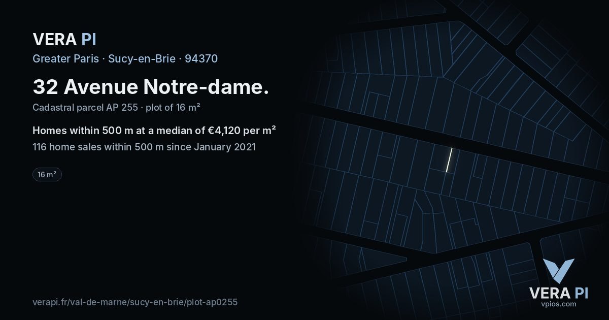 32 Avenue Notre-dame, Sucy-en-Brie at night – the plot lit, the parcels around coloured by the prices near them