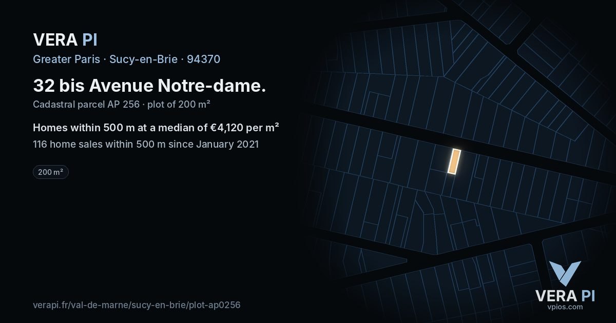 32 bis Avenue Notre-dame, Sucy-en-Brie at night – the plot lit, the parcels around coloured by the prices near them