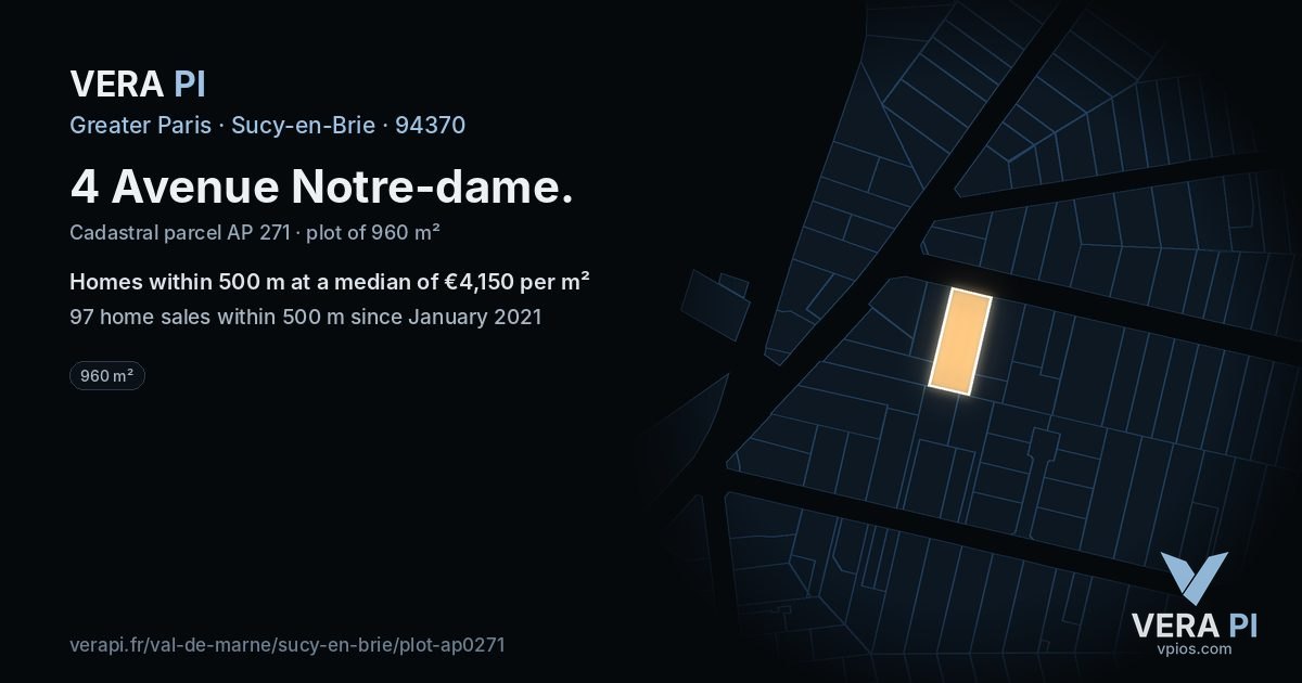 4 Avenue Notre-dame, Sucy-en-Brie at night – the plot lit, the parcels around coloured by the prices near them