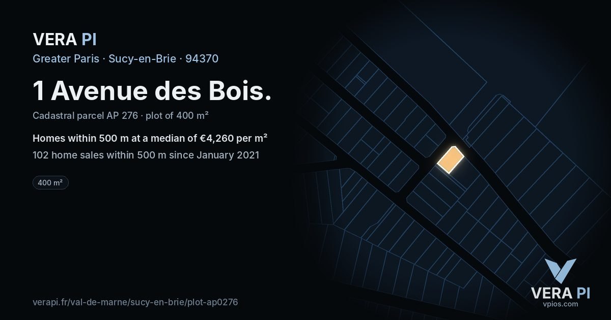 1 Avenue des Bois, Sucy-en-Brie at night – the plot lit, the parcels around coloured by the prices near them