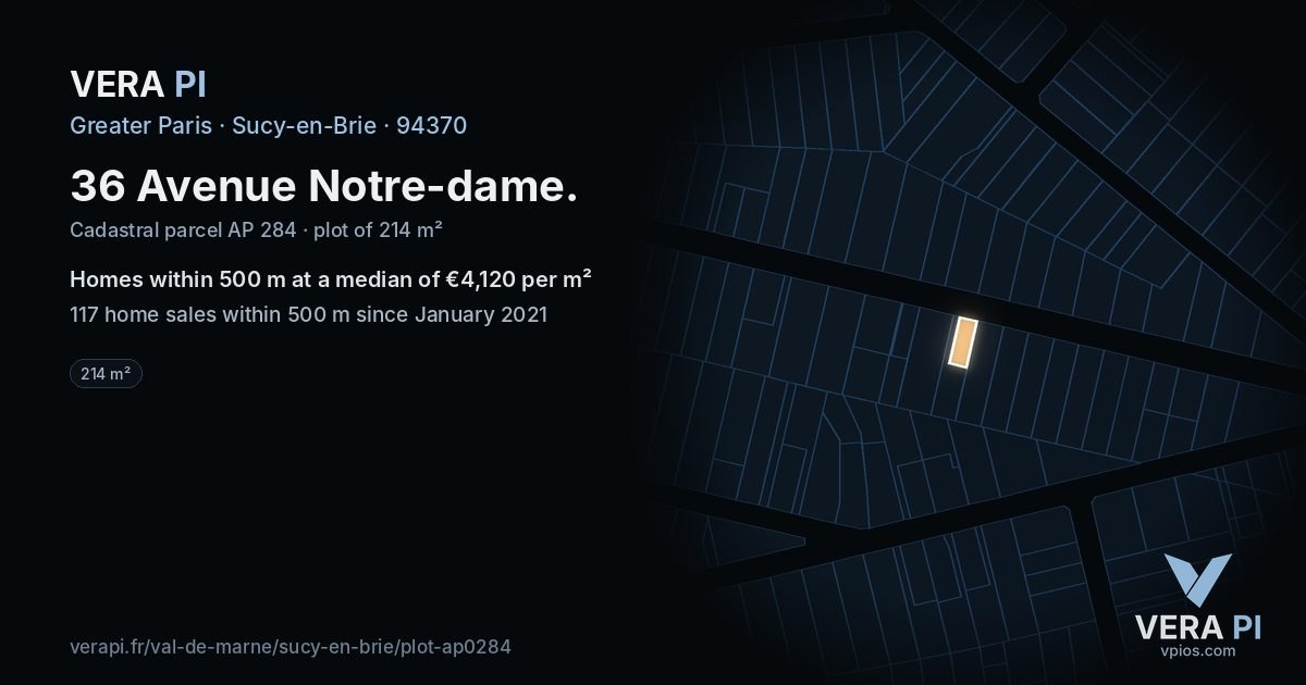 36 Avenue Notre-dame, Sucy-en-Brie at night – the plot lit, the parcels around coloured by the prices near them