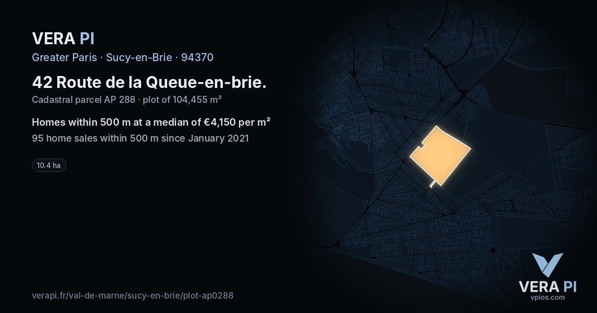 42 Route de la Queue-en-brie, Sucy-en-Brie at night – the plot lit, the parcels around coloured by the prices near them