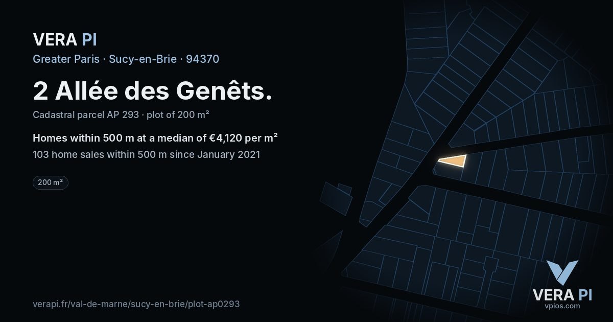 2 Allée des Genêts, Sucy-en-Brie at night – the plot lit, the parcels around coloured by the prices near them