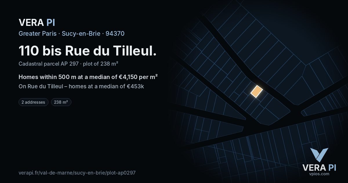 110 bis Rue du Tilleul, Sucy-en-Brie at night – the plot lit, the parcels around coloured by the prices near them