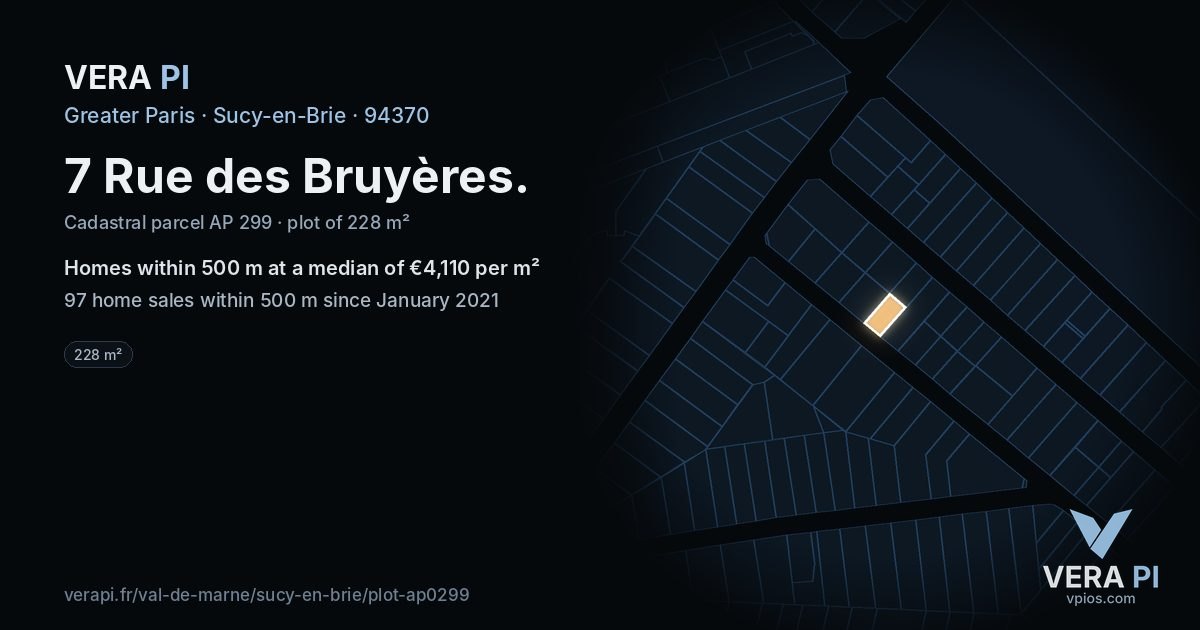 7 Rue des Bruyères, Sucy-en-Brie at night – the plot lit, the parcels around coloured by the prices near them