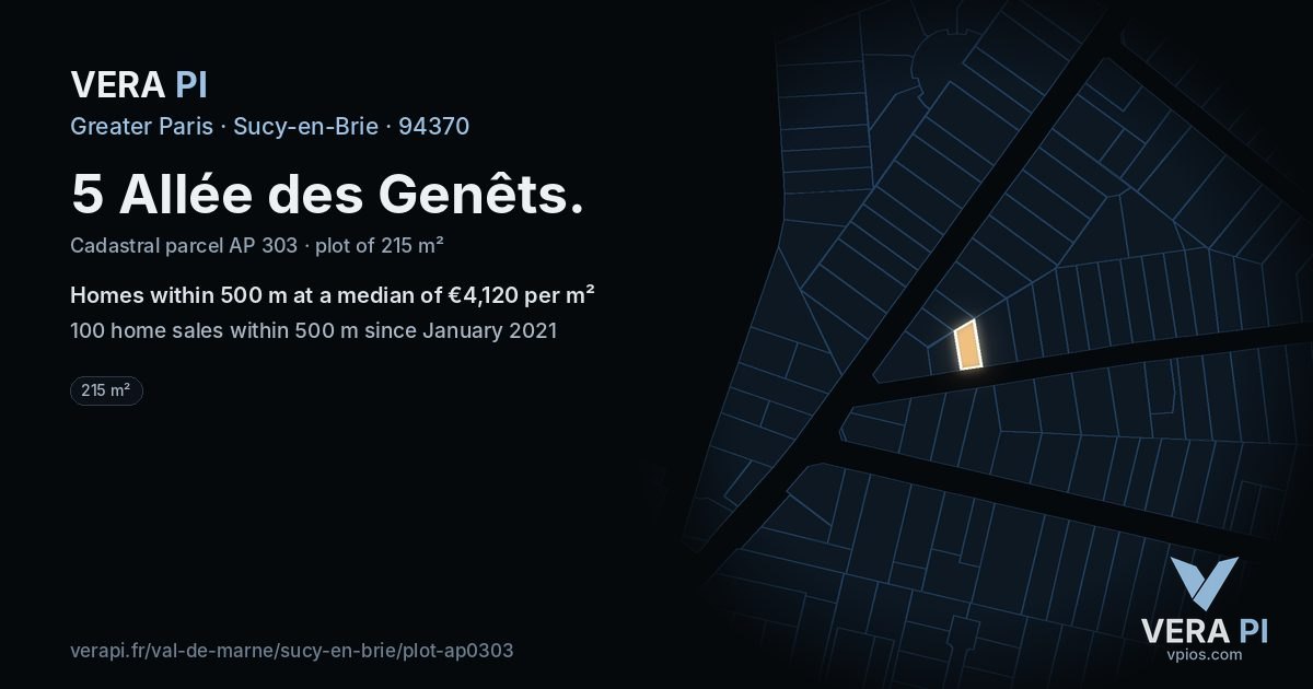 5 Allée des Genêts, Sucy-en-Brie at night – the plot lit, the parcels around coloured by the prices near them