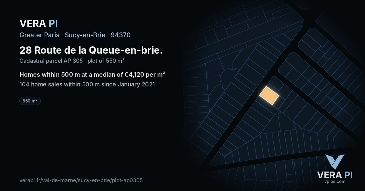 28 Route de la Queue-en-brie, Sucy-en-Brie at night – the plot lit, the parcels around coloured by the prices near them