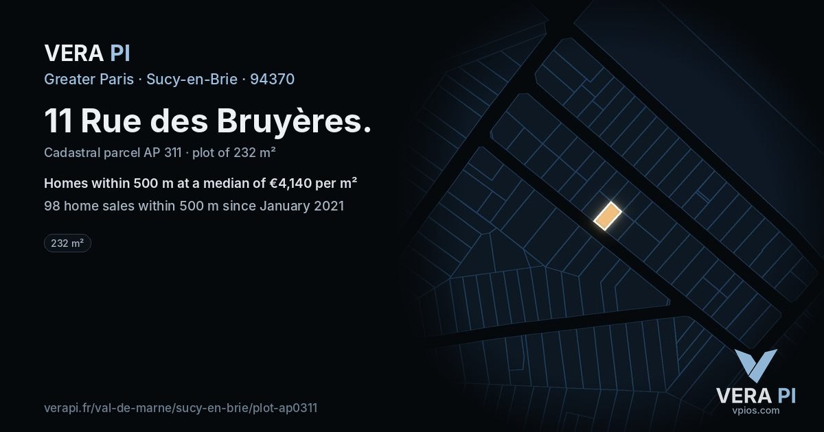 11 Rue des Bruyères, Sucy-en-Brie at night – the plot lit, the parcels around coloured by the prices near them