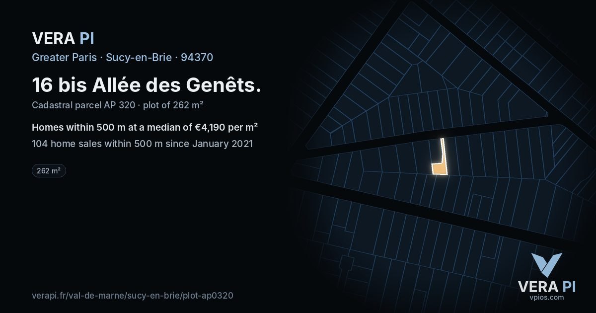 16 bis Allée des Genêts, Sucy-en-Brie at night – the plot lit, the parcels around coloured by the prices near them