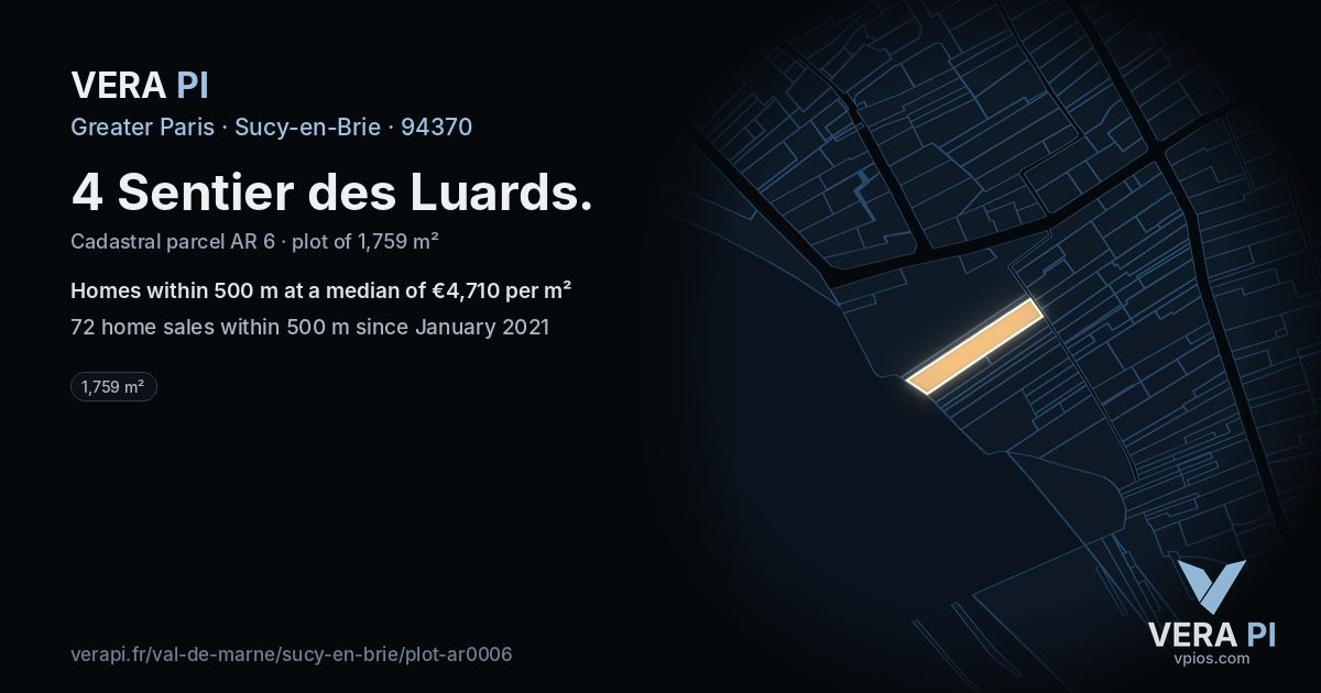 4 Sentier des Luards, Sucy-en-Brie at night – the plot lit, the parcels around coloured by the prices near them