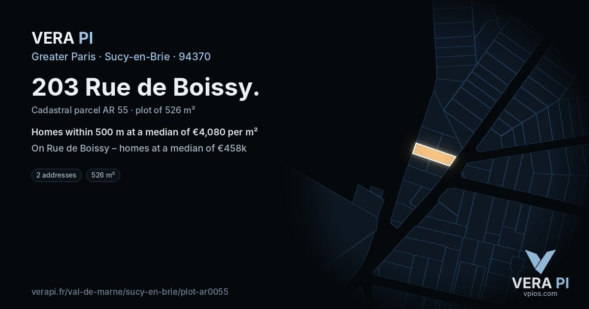203 Rue de Boissy, Sucy-en-Brie at night – the plot lit, the parcels around coloured by the prices near them