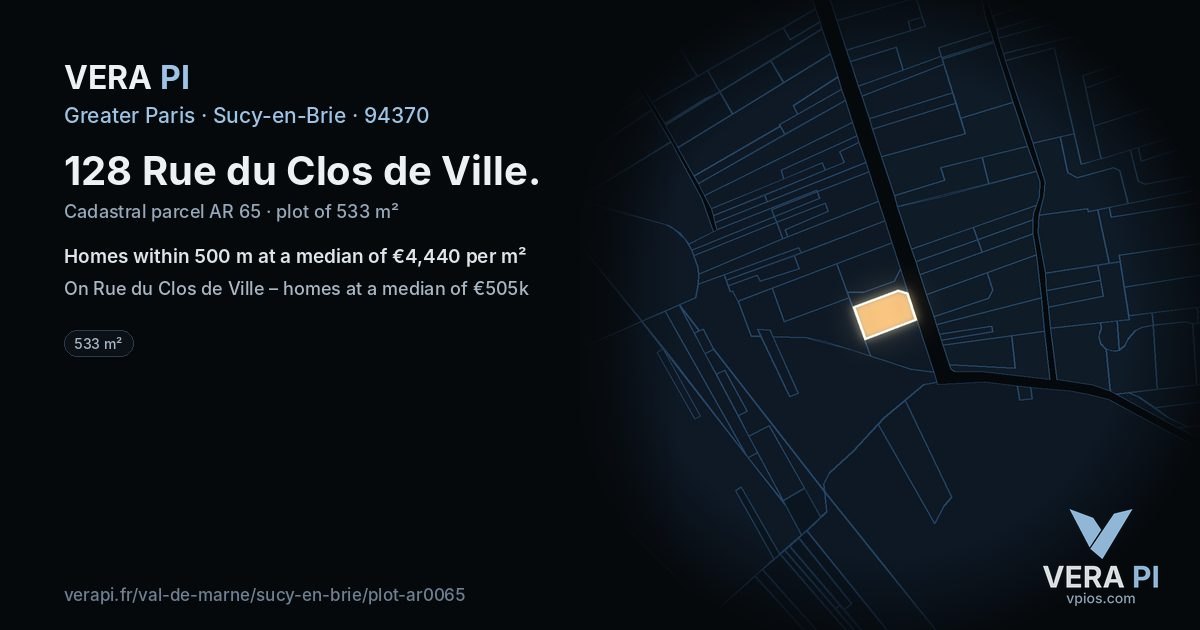 128 Rue du Clos de Ville, Sucy-en-Brie at night – the plot lit, the parcels around coloured by the prices near them