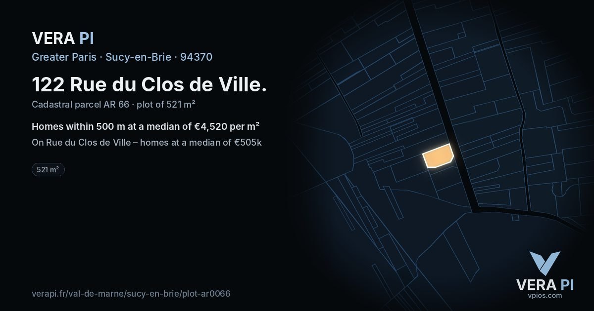 122 Rue du Clos de Ville, Sucy-en-Brie at night – the plot lit, the parcels around coloured by the prices near them