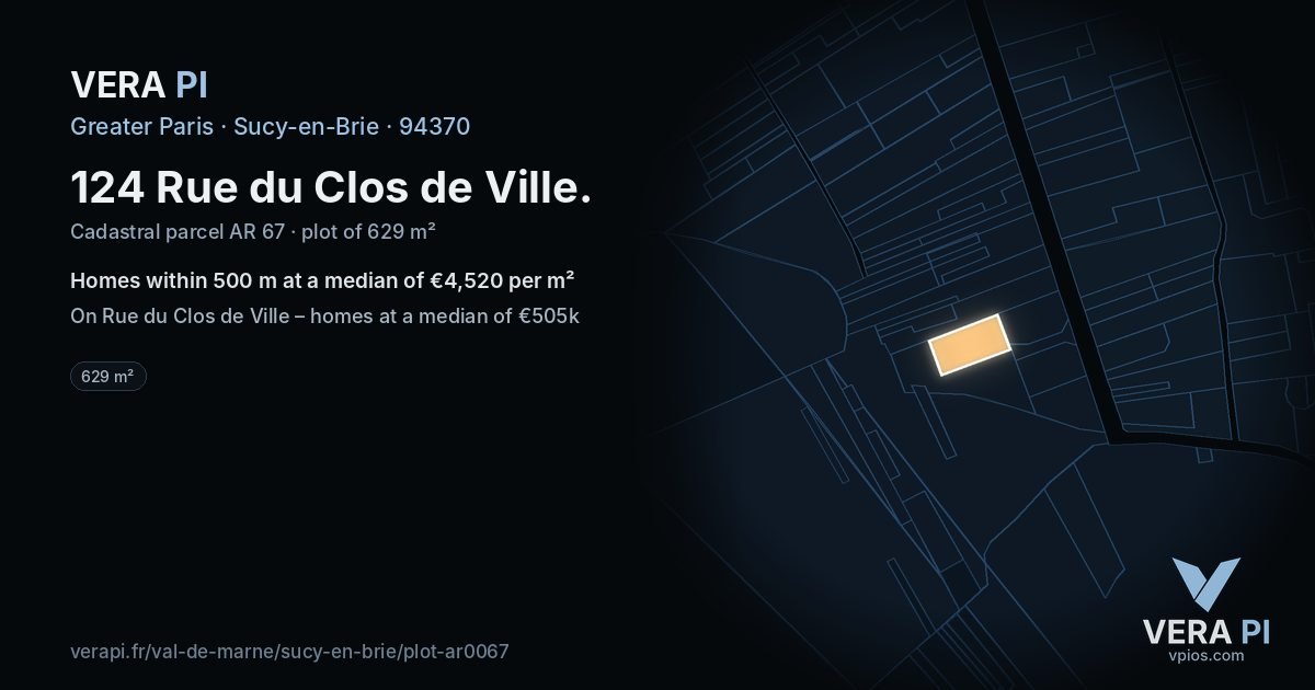 124 Rue du Clos de Ville, Sucy-en-Brie at night – the plot lit, the parcels around coloured by the prices near them