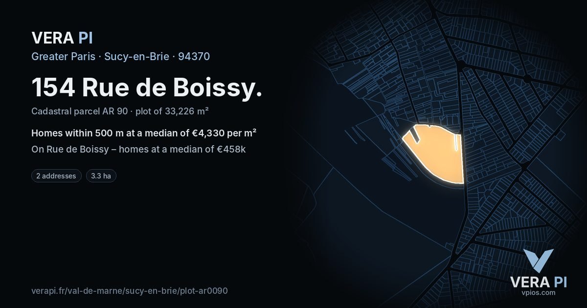 154 Rue de Boissy, Sucy-en-Brie at night – the plot lit, the parcels around coloured by the prices near them