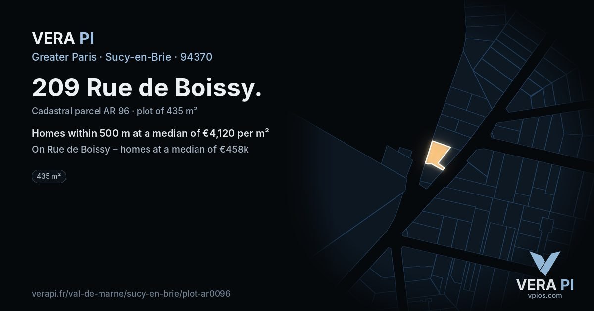 209 Rue de Boissy, Sucy-en-Brie at night – the plot lit, the parcels around coloured by the prices near them