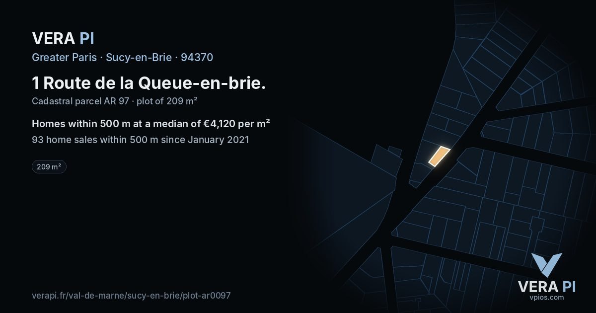 1 Route de la Queue-en-brie, Sucy-en-Brie at night – the plot lit, the parcels around coloured by the prices near them