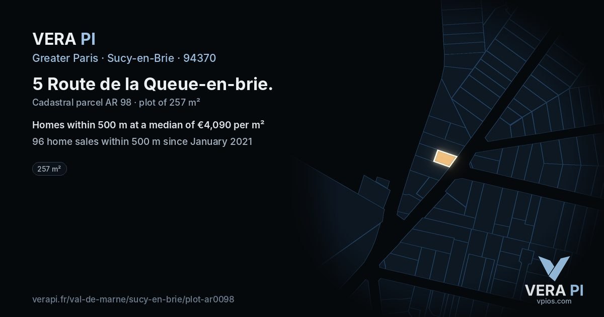 5 Route de la Queue-en-brie, Sucy-en-Brie at night – the plot lit, the parcels around coloured by the prices near them