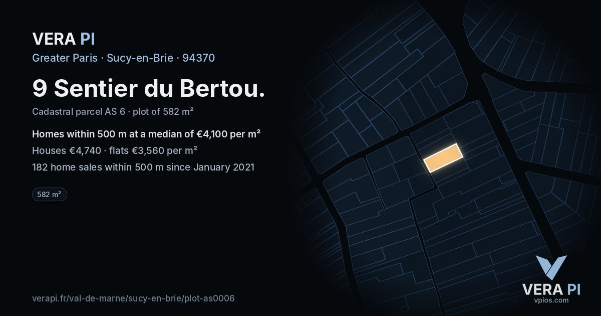 9 Sentier du Bertou, Sucy-en-Brie at night – the plot lit, the parcels around coloured by the prices near them