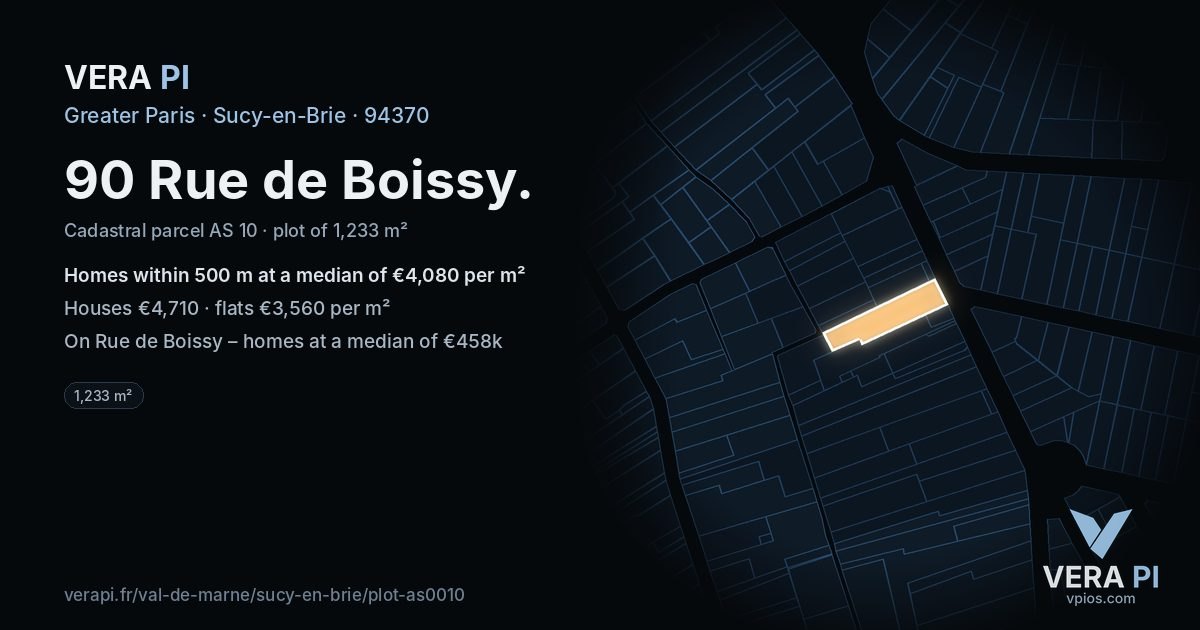 90 Rue de Boissy, Sucy-en-Brie at night – the plot lit, the parcels around coloured by the prices near them