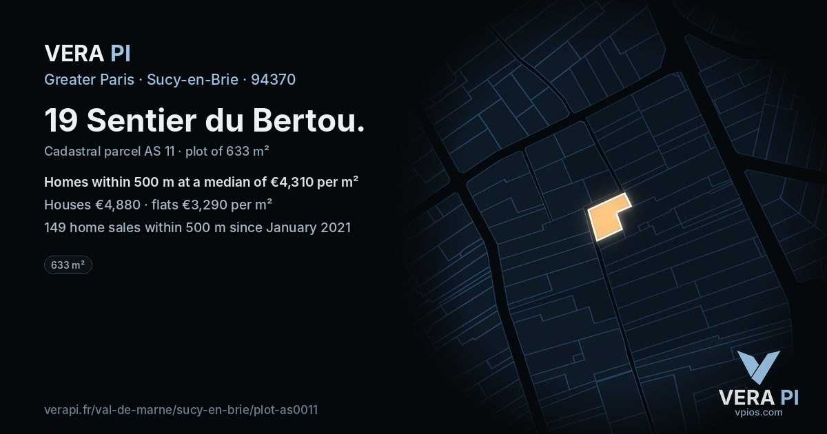 19 Sentier du Bertou, Sucy-en-Brie at night – the plot lit, the parcels around coloured by the prices near them