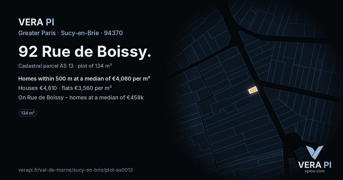 92 Rue de Boissy, Sucy-en-Brie at night – the plot lit, the parcels around coloured by the prices near them