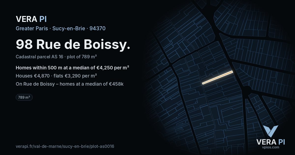98 Rue de Boissy, Sucy-en-Brie at night – the plot lit, the parcels around coloured by the prices near them