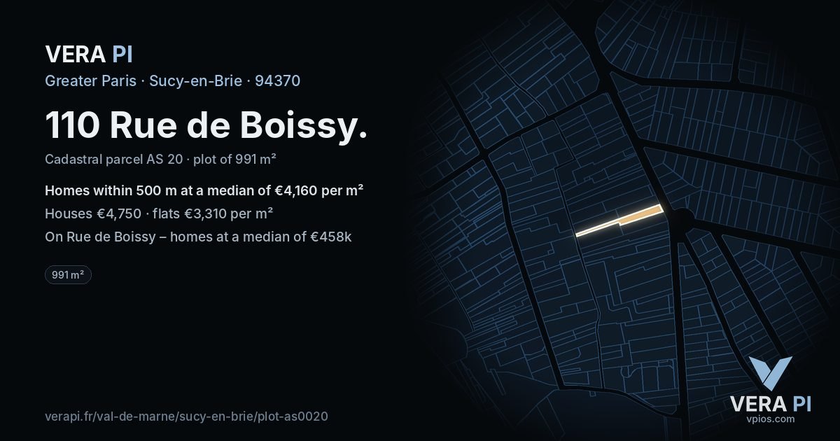 110 Rue de Boissy, Sucy-en-Brie at night – the plot lit, the parcels around coloured by the prices near them