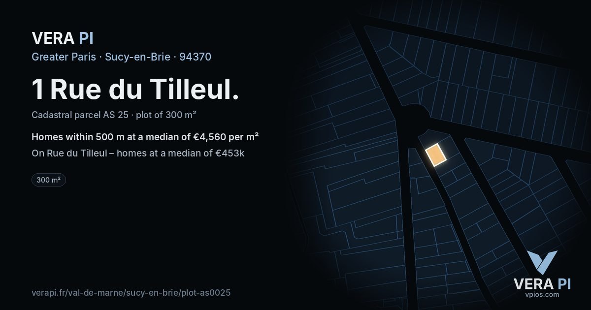 1 Rue du Tilleul, Sucy-en-Brie at night – the plot lit, the parcels around coloured by the prices near them