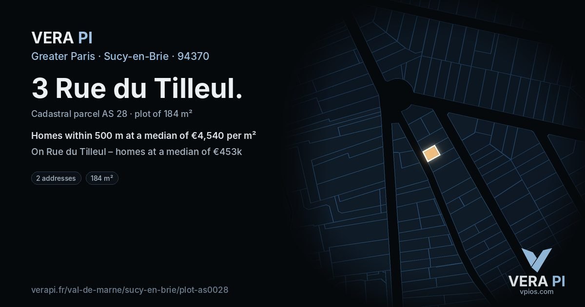 3 Rue du Tilleul, Sucy-en-Brie at night – the plot lit, the parcels around coloured by the prices near them